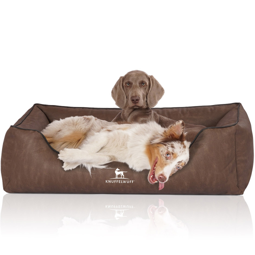 Cama ortopédica para perros Knuffelwuff Rockland de cuero sintético XL, 105 x 75 cm, marrón
